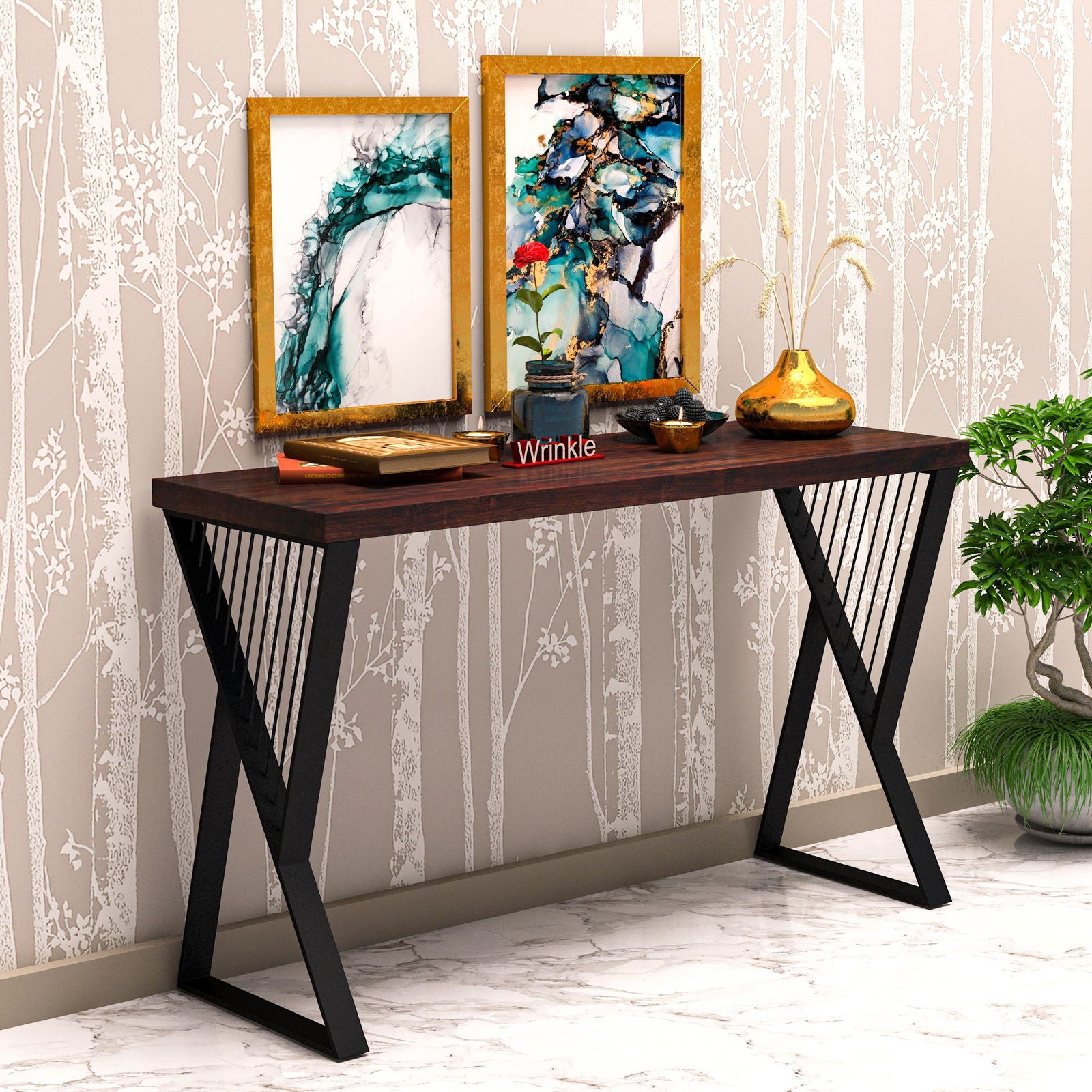 Modern Console Table In Sleek Black Rods Design in Metal With Sheesham Wood top - Furnishiaa -  - 