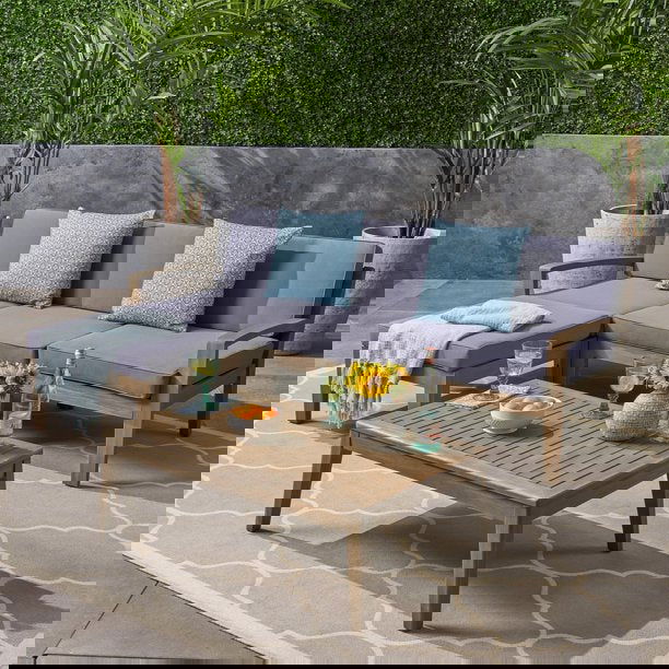 Outdoor 5-Piece 3-Seater Solid Sheesham Wood Sectional Sofa Set, Gray - Furnishiaa -  - 