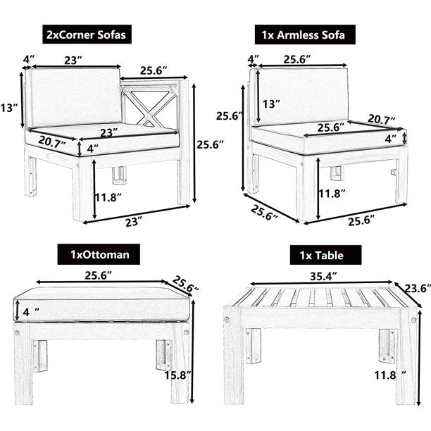 Outdoor Backyard Solid Sheesham Wood 5-Piece Sectional Sofa Seating Group Set - Furnishiaa -  - 
