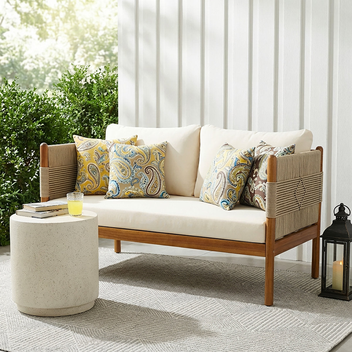 Furnishiaa Contemporary Acacia Wood Outdoor Loveseat with Cushioned Seating
