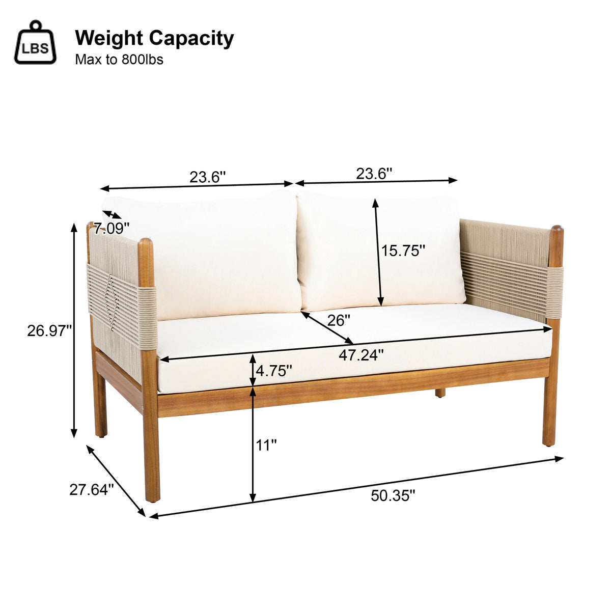 Furnishiaa Contemporary Acacia Wood Outdoor Loveseat with Cushioned Seating