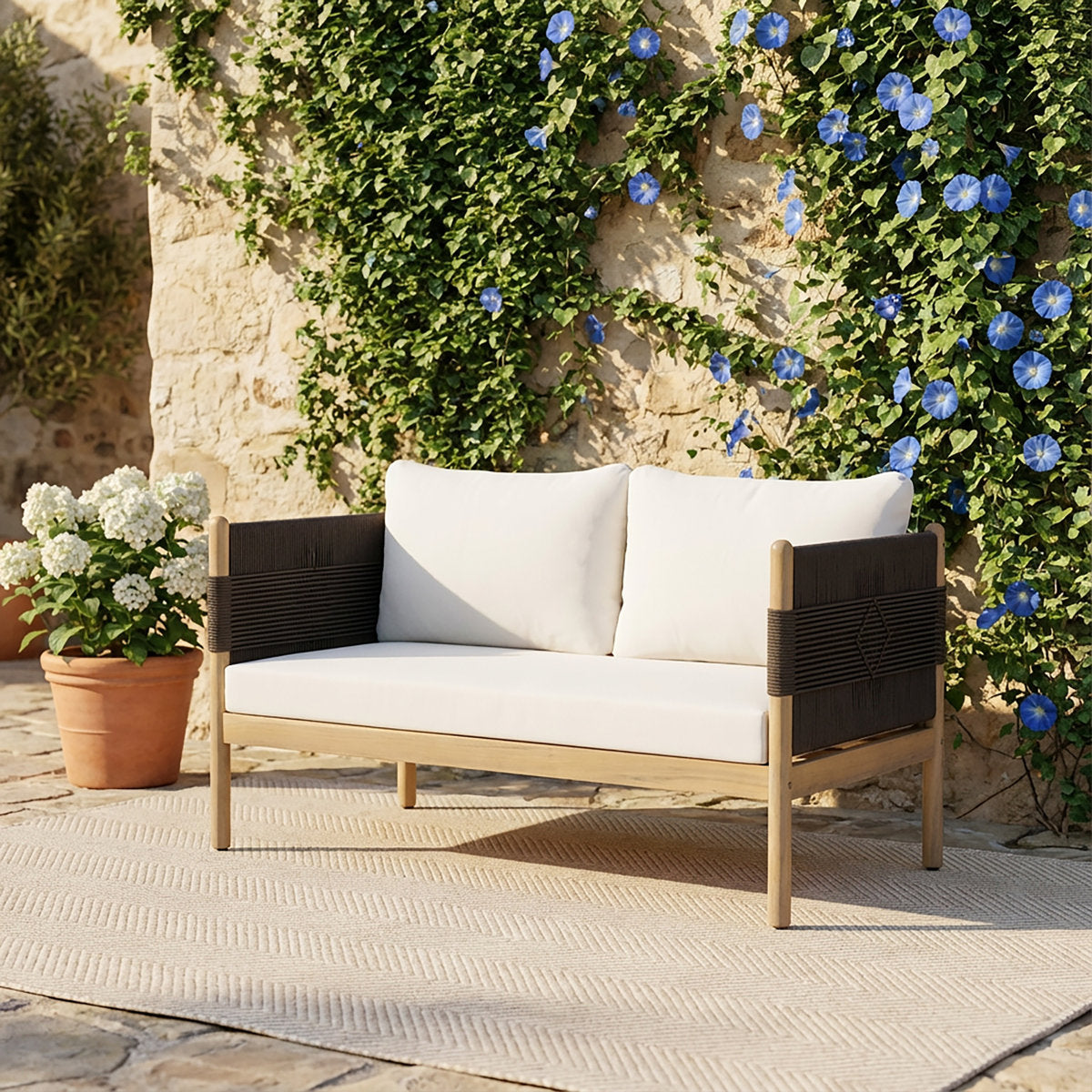 Furnishiaa Contemporary Acacia Wood Outdoor Loveseat with Cushioned Seating