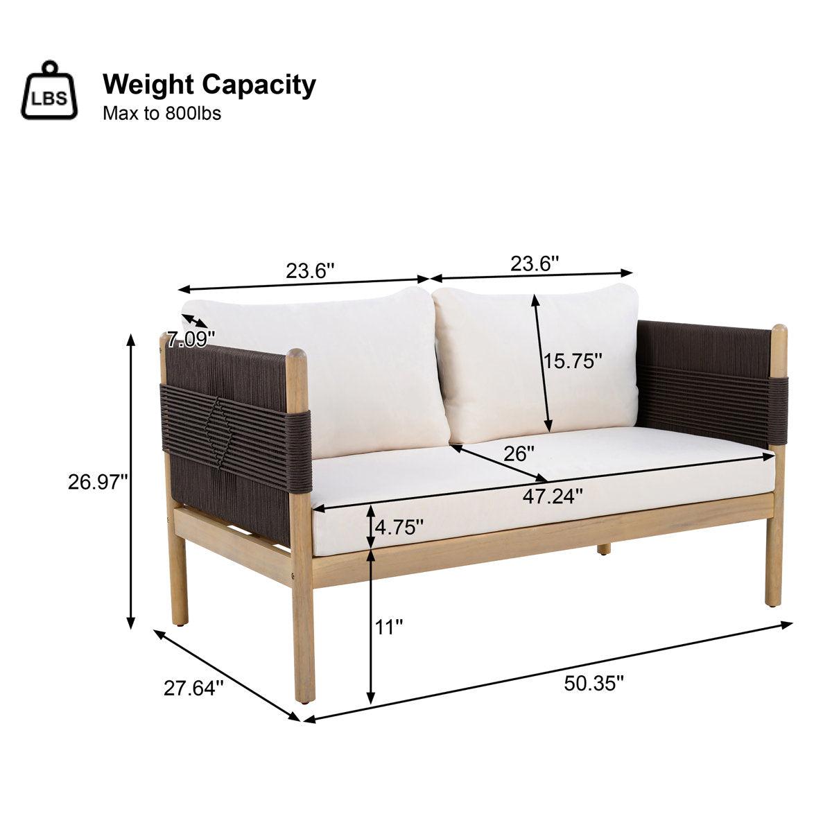 Furnishiaa Contemporary Acacia Wood Outdoor Loveseat with Cushioned Seating