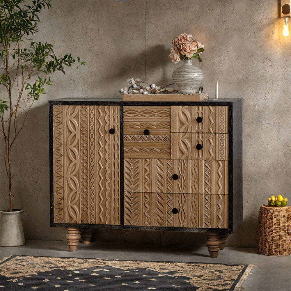 Furnishiaa Retro Simple Carved Wood Storage Accent Cabinet