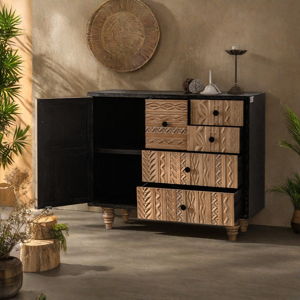 Furnishiaa Retro Simple Carved Wood Storage Accent Cabinet