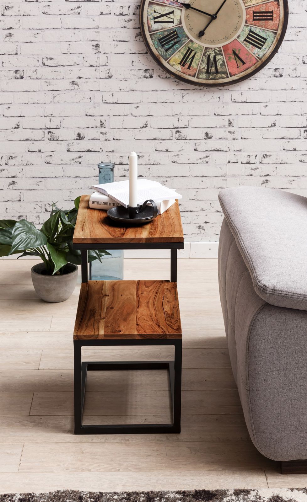 Sheesham Wood & Iron S Shape Bedside End Tables Night Stand Side Stool for Bedroom Living Room Home (Black and Teak Finish) - Furnishiaa -  - 