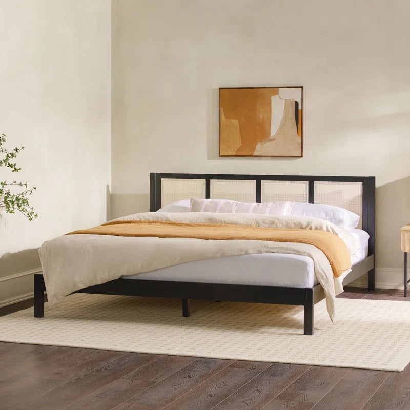 Solid Canadian Pine Wood Natural Cane Platform Bed Black - Furnishiaa -  - 