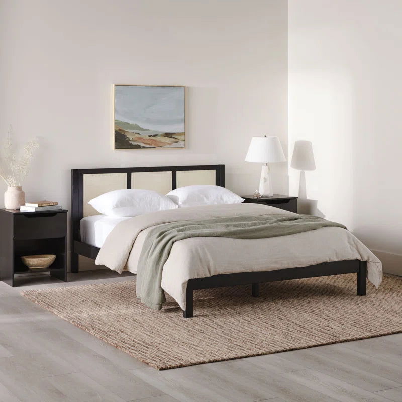 Solid Canadian Pine Wood Natural Cane Platform Bed Black - Furnishiaa -  - 