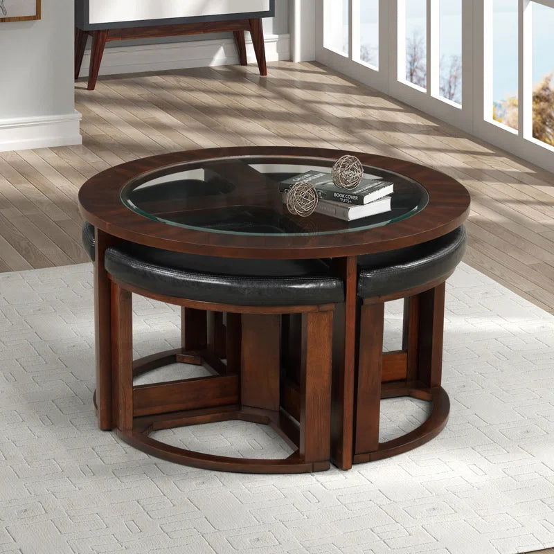 Solid Sheesham Wood Coffee Table With 4 Nesting Stools - Furnishiaa -  - 