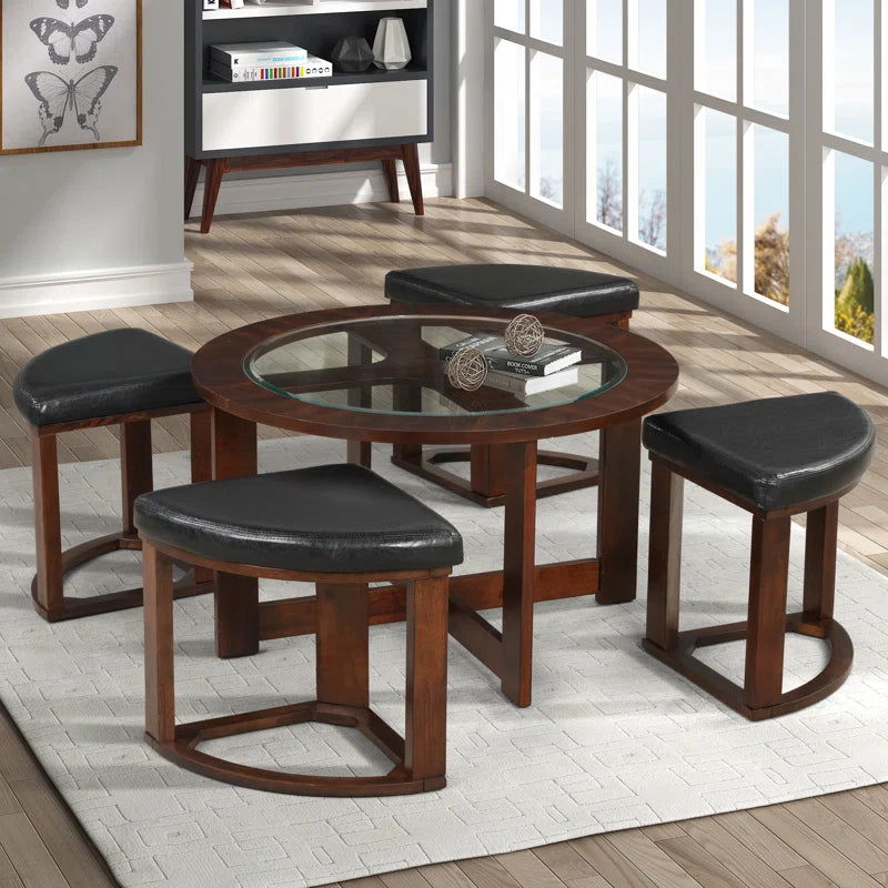 Solid Sheesham Wood Coffee Table With 4 Nesting Stools - Furnishiaa -  - 