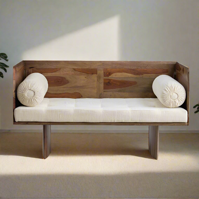 Solid Sheesham Wood Cotton Tuxedo Arm Loveseat - Furnishiaa -  - 