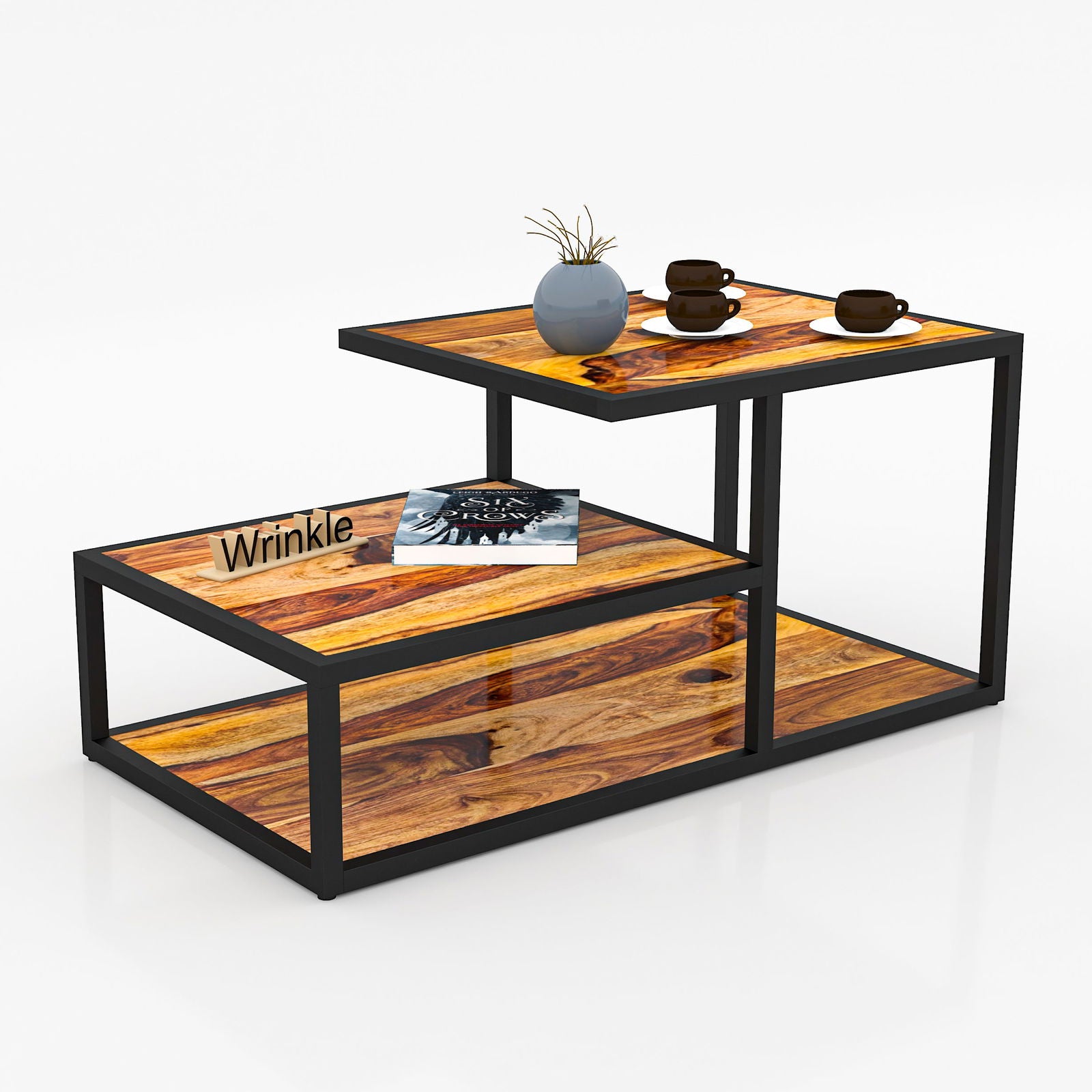 Solid Sheesham Wood & Iron Black Coffee Table For Living Room - Furnishiaa -  - 
