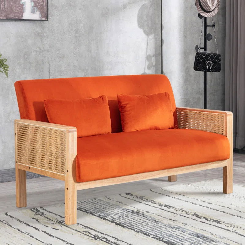 Solid Wood Upholstered Natural Cane 2 Seater Orange Sofa - Furnishiaa -  - 