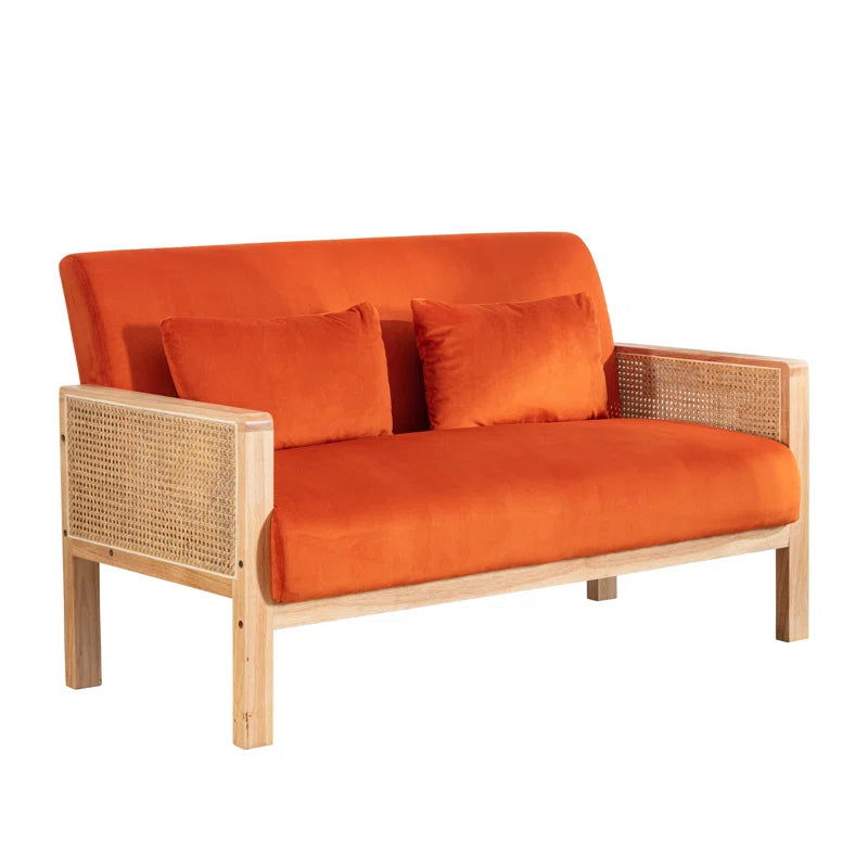 Solid Wood Upholstered Natural Cane 2 Seater Orange Sofa - Furnishiaa -  - 