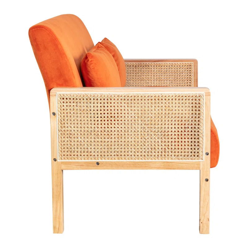Solid Wood Upholstered Natural Cane 2 Seater Orange Sofa - Furnishiaa -  - 