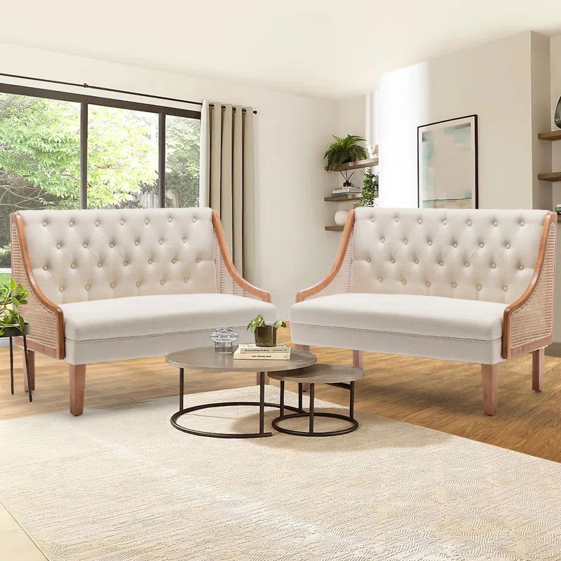 Solid Wood Upholstered Natural Cane 2 Seater Sofa - Furnishiaa -  - 