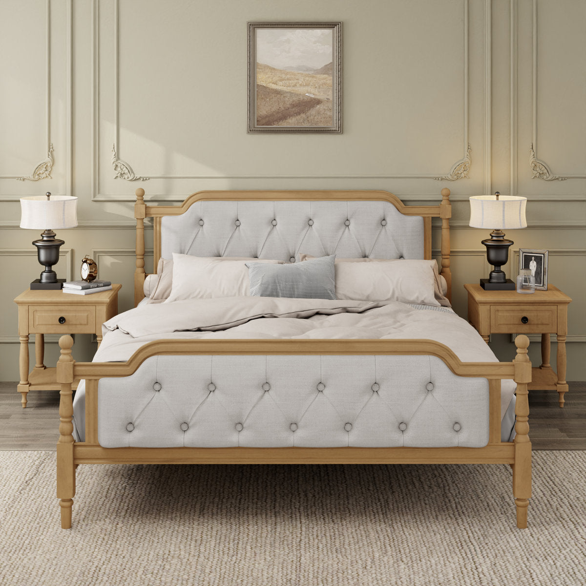 Furnishiaa Modern Solid Wood Bed with Tufted Fabric Headboard