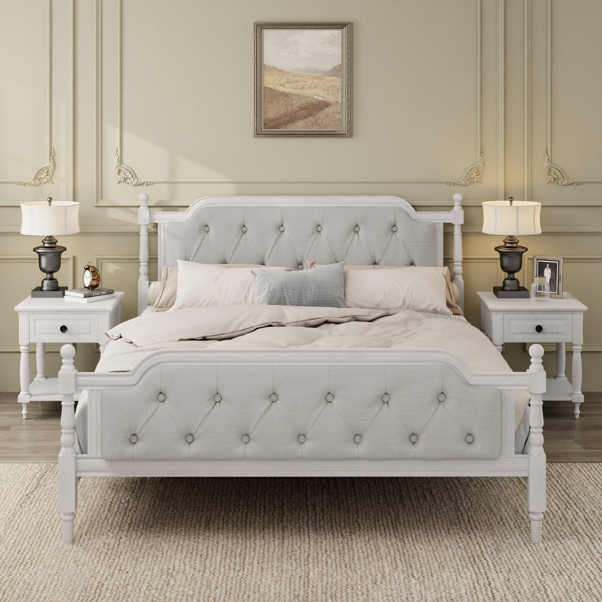 Furnishiaa Modern Solid Wood Bed with Tufted Fabric Headboard