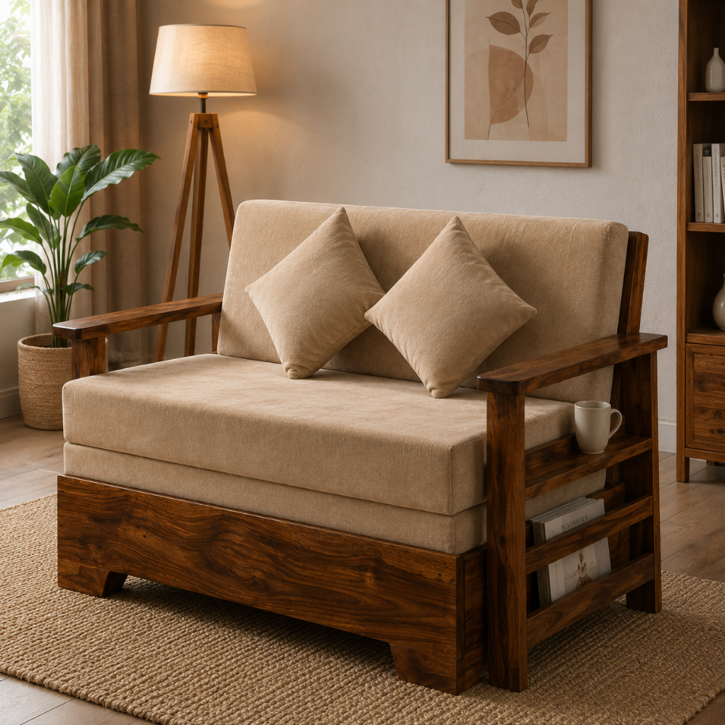 Solid Sheesham Wood Sofa Cum Bed | King & Queen Size Wooden Sofa Bed – Honey Finish