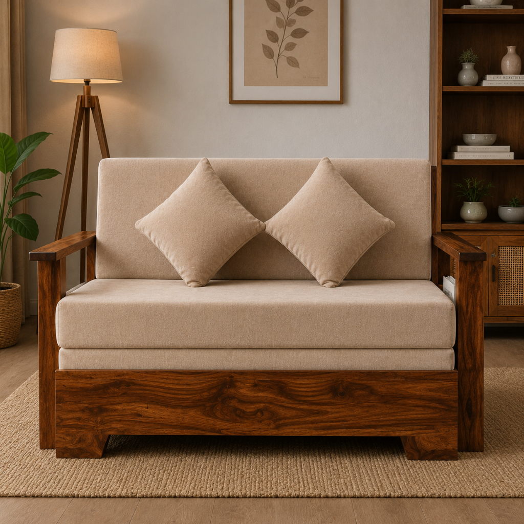 Solid Sheesham Wood Sofa Cum Bed | King & Queen Size Wooden Sofa Bed – Honey Finish