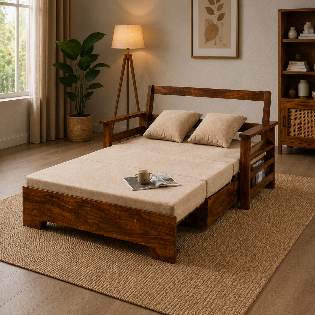 Solid Sheesham Wood Sofa Cum Bed | King & Queen Size Wooden Sofa Bed – Honey Finish