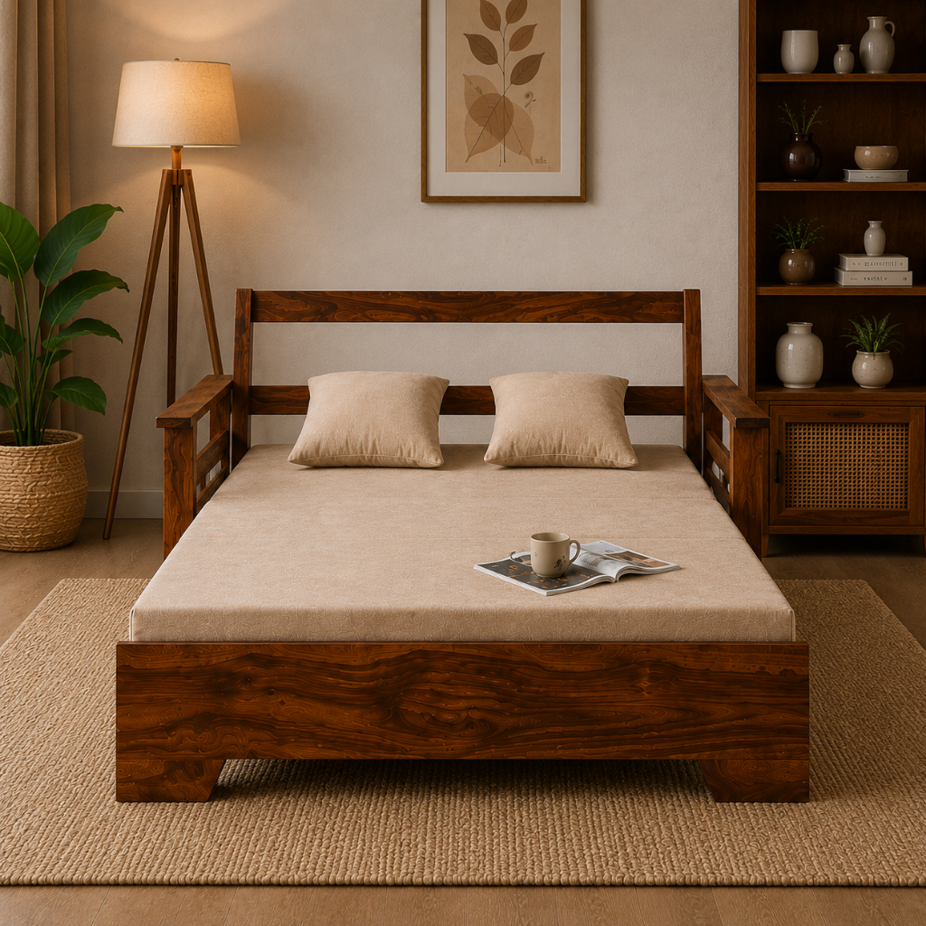 Solid Sheesham Wood Sofa Cum Bed | King & Queen Size Wooden Sofa Bed – Honey Finish