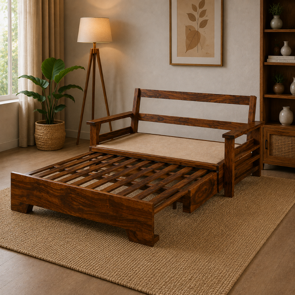Solid Sheesham Wood Sofa Cum Bed | King & Queen Size Wooden Sofa Bed – Honey Finish