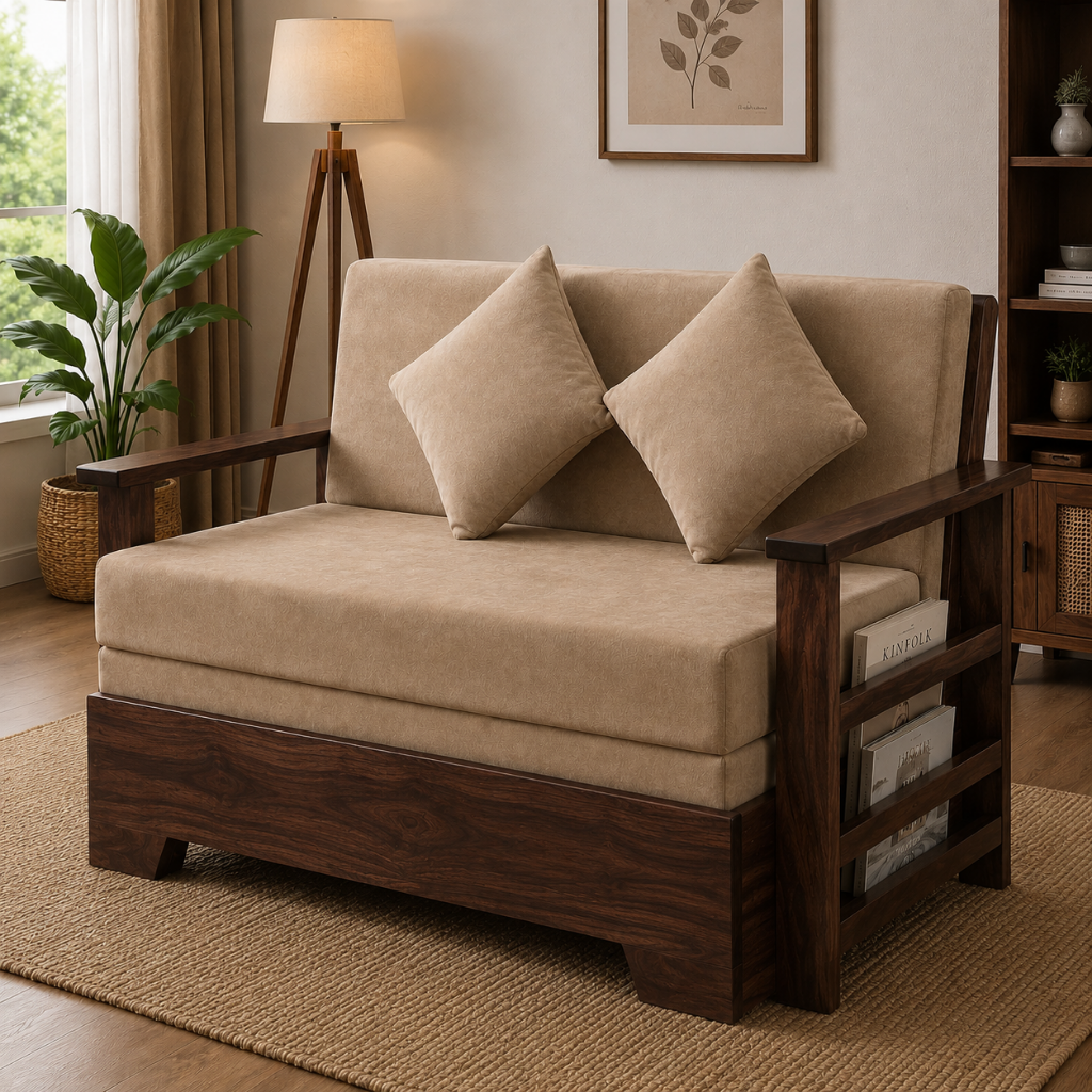 Solid Sheesham Wood Sofa Cum Bed | King & Queen Size Wooden Sofa Bed – Honey Finish