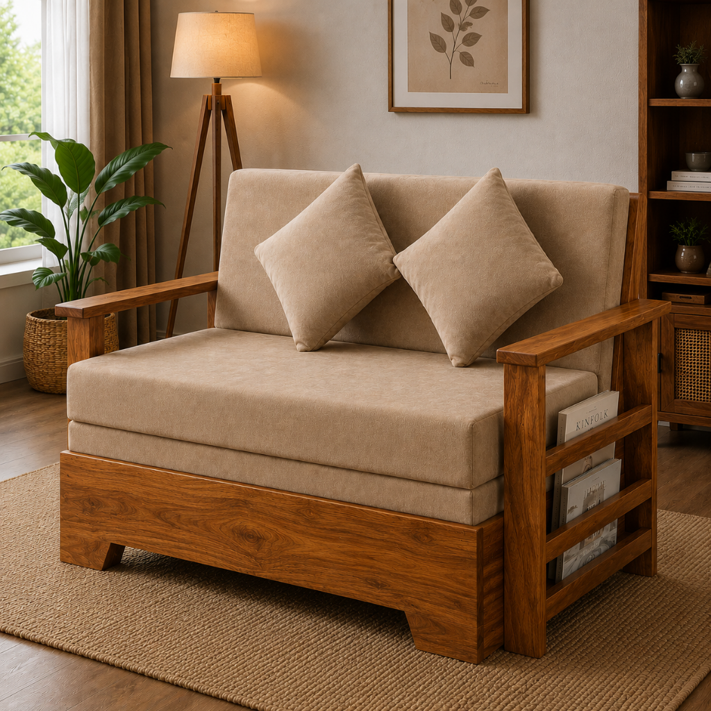 Solid Sheesham Wood Sofa Cum Bed | King & Queen Size Wooden Sofa Bed – Honey Finish
