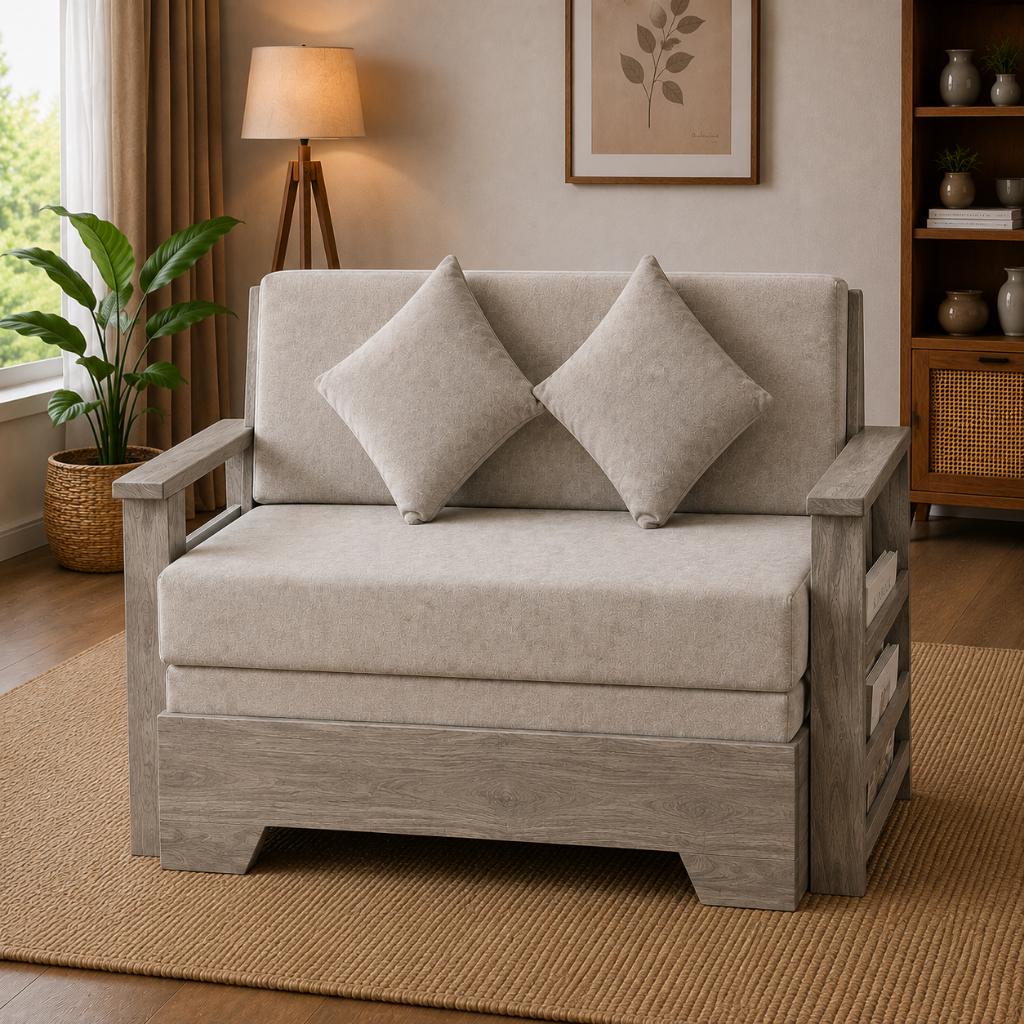 Solid Sheesham Wood Sofa Cum Bed | King & Queen Size Wooden Sofa Bed – Honey Finish