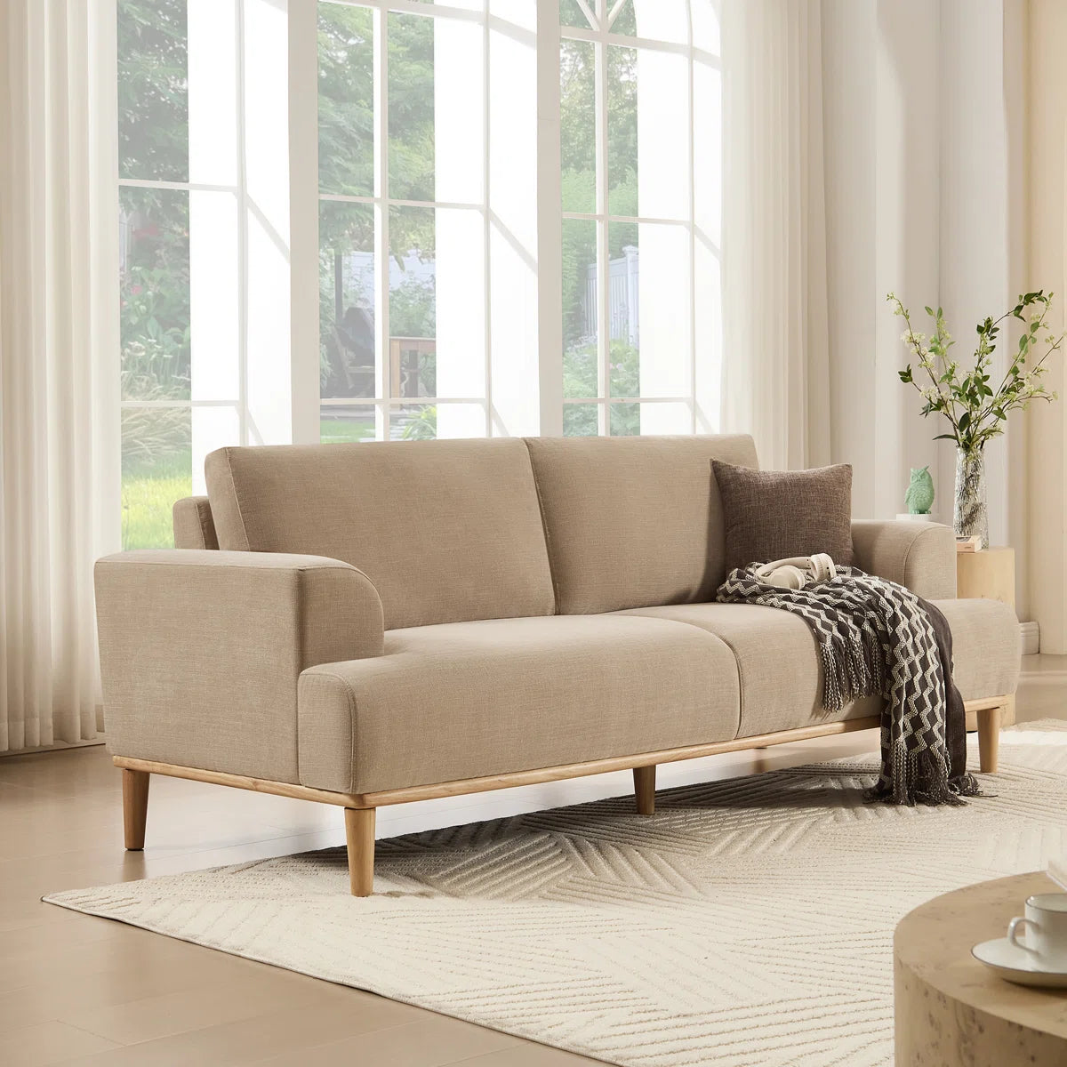 Furnishiaa Upholstered Standard 3-Seater Sofa with Solid Wood Legs