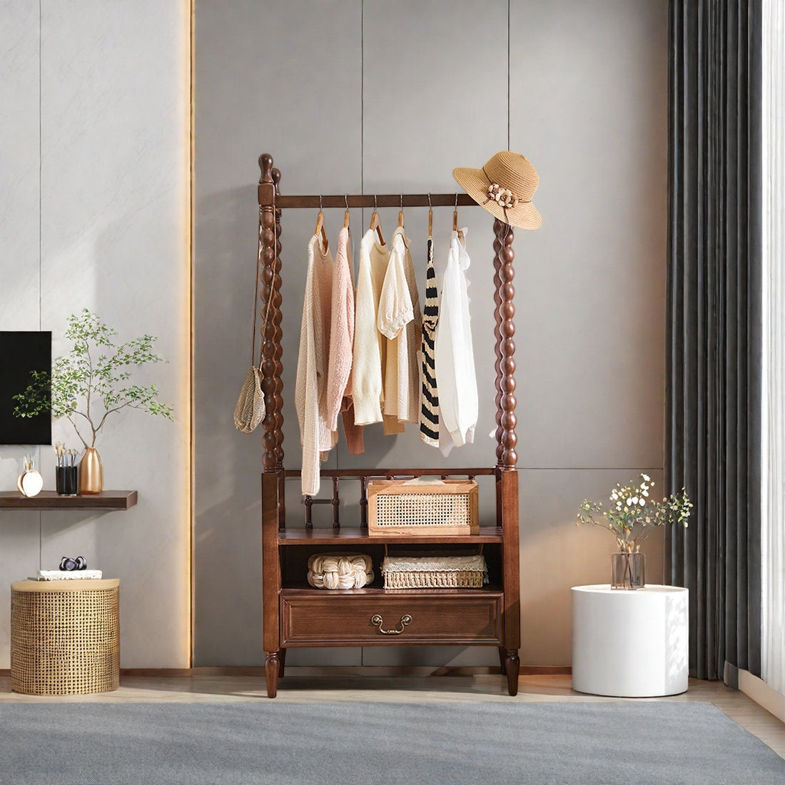Furnishiaa Vintage Solid Wood Coat Rack with Storage