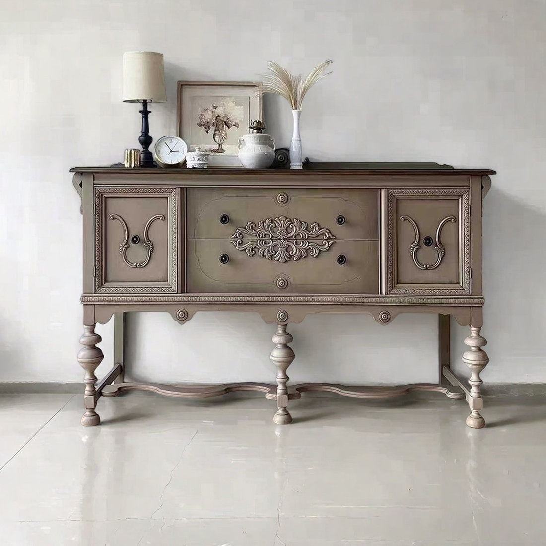 Furnishiaa Vintage Carved Wooden Sideboard Storage Cabinet