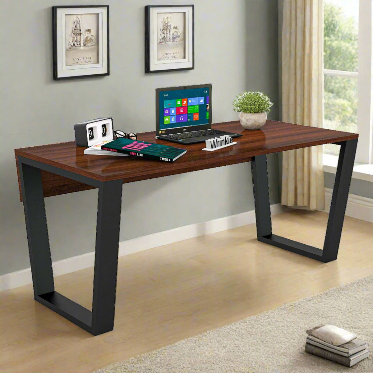 Computersteel Table Design WRINKLE Iron Metal and Sheesham Wood Walnut Study & Computer Table, Mu ...