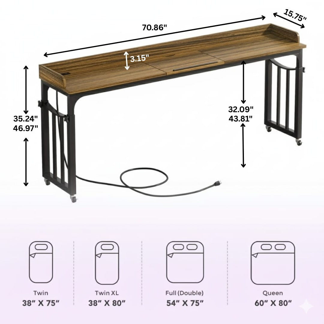 Furnishiaa Sheesham Wood Overbed Standing Desk with Wheels and Power Outlet – 180 cm