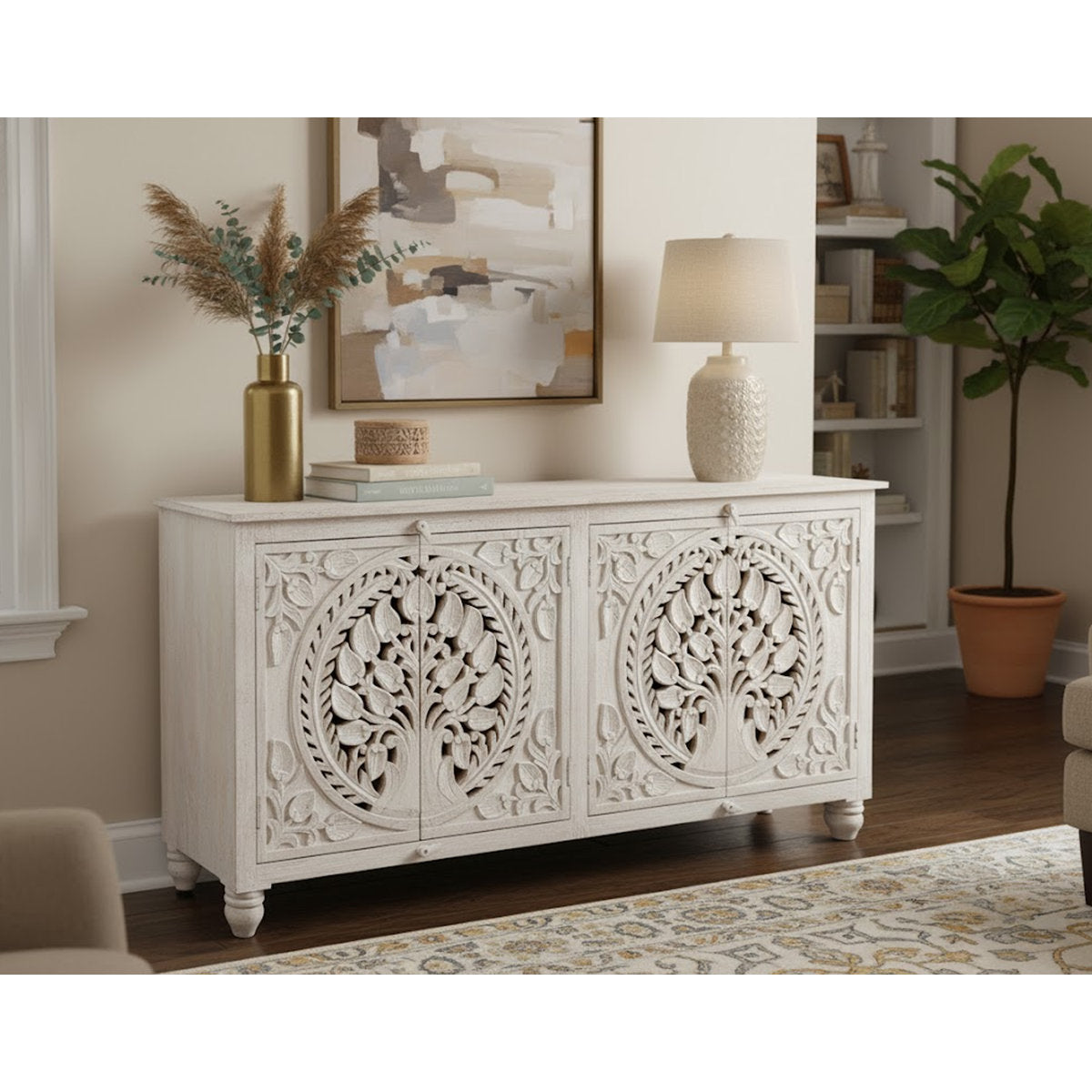 Furnishiaa White Hand-Carved Solid Wood Storage Sideboard