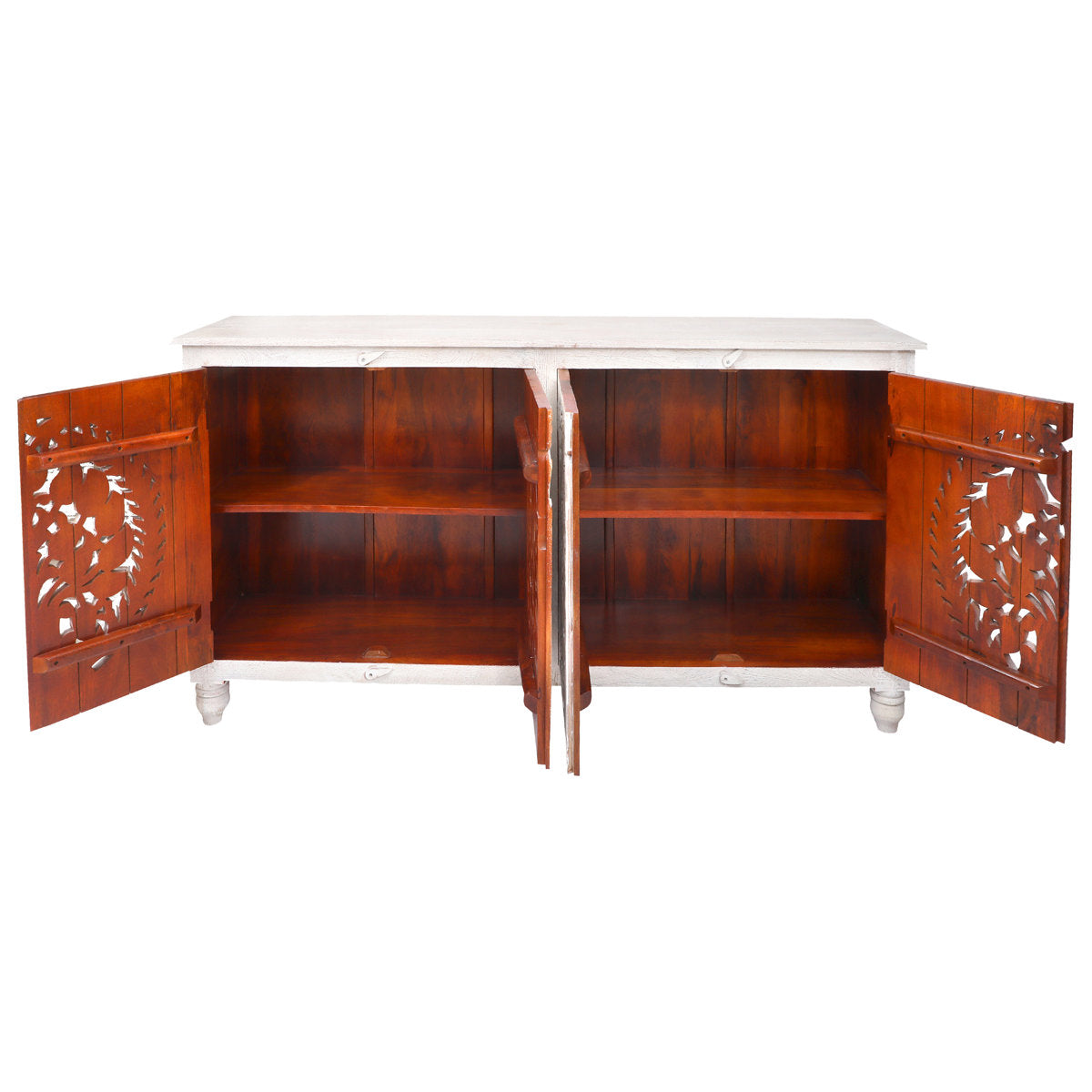 Furnishiaa White Hand-Carved Solid Wood Storage Sideboard