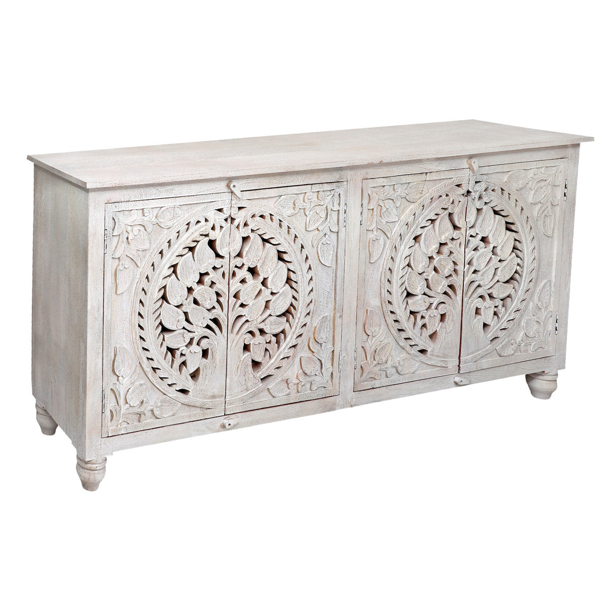 Furnishiaa White Hand-Carved Solid Wood Storage Sideboard