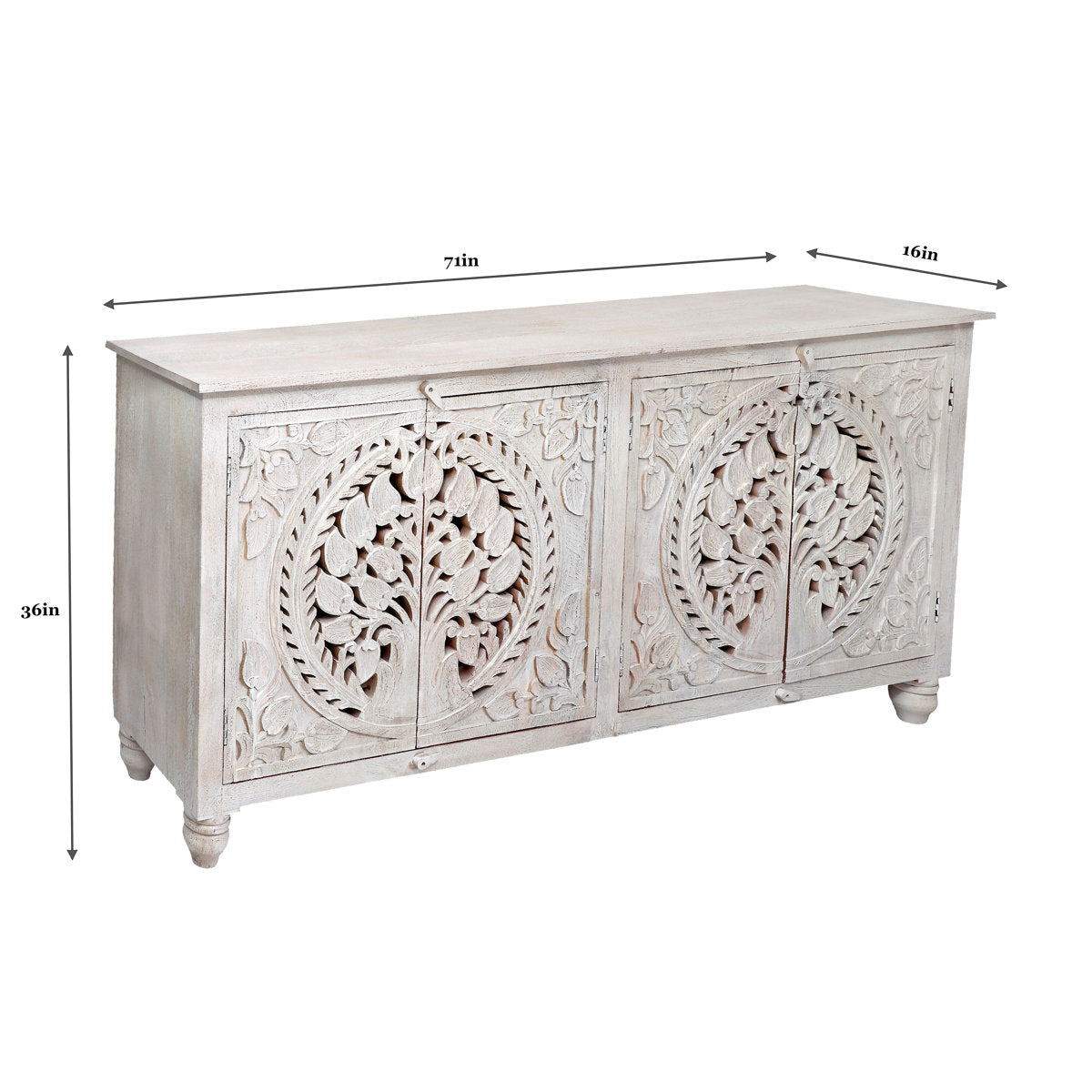 Furnishiaa White Hand-Carved Solid Wood Storage Sideboard
