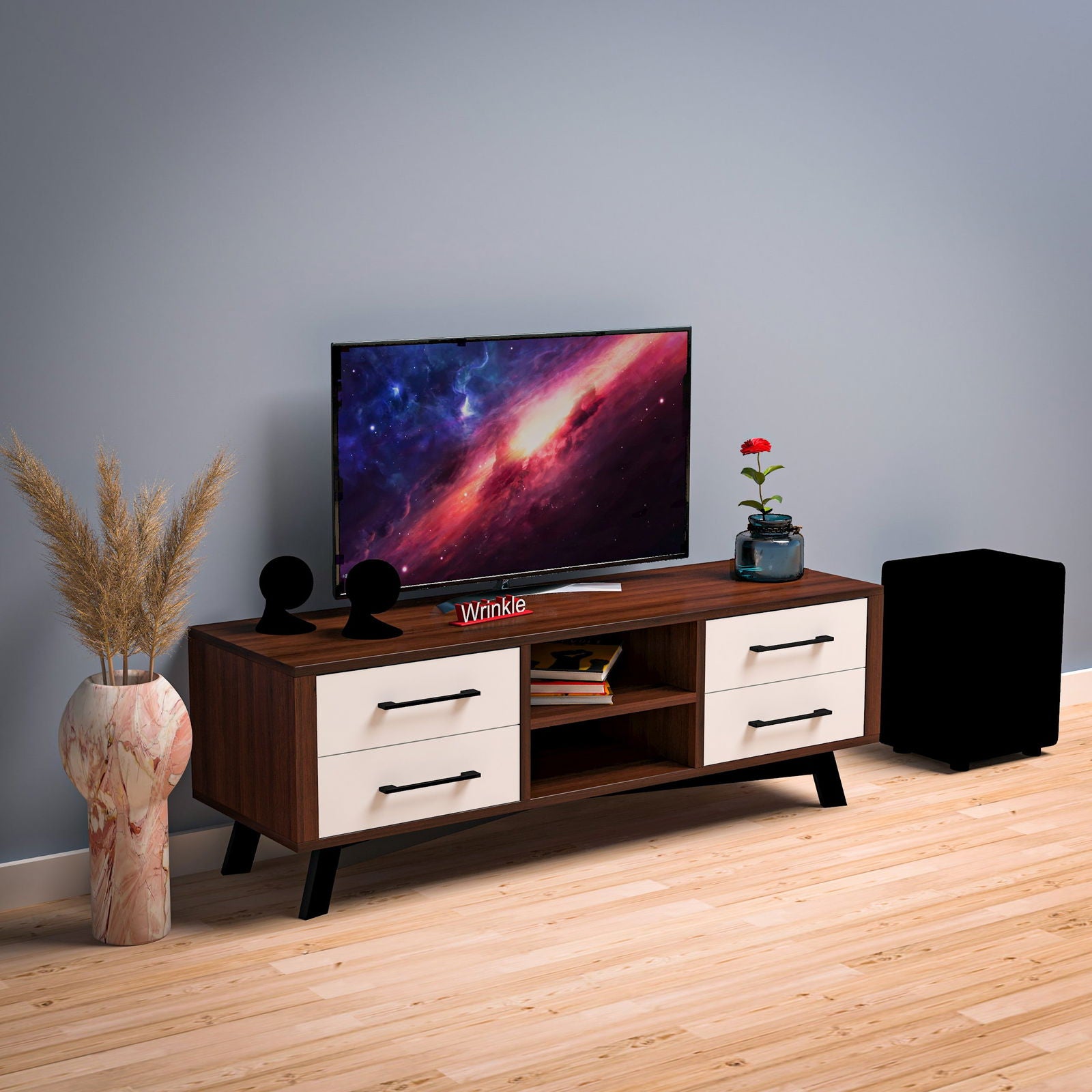 Wrinkle Tv Unit Columbian Walnut With Pu White Drawer In Solid Sheesham Wood With Iron legs - Furnishiaa -  - 