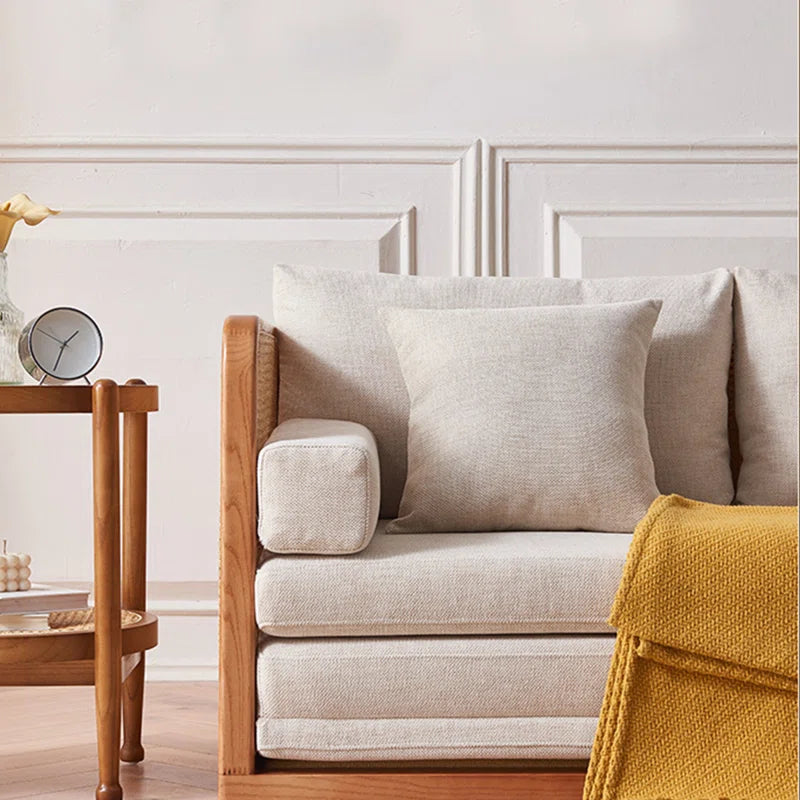 Furnishiaa 2-Seater Solid Sheesham Wood Rattan Sofa with Cotton-Linen Upholstery