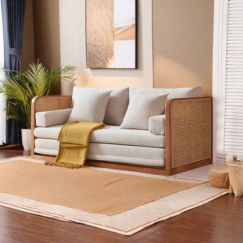 Furnishiaa 2-Seater Solid Sheesham Wood Rattan Sofa with Cotton-Linen Upholstery