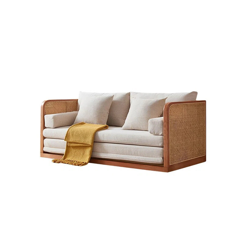 Furnishiaa 2-Seater Solid Sheesham Wood Rattan Sofa with Cotton-Linen Upholstery