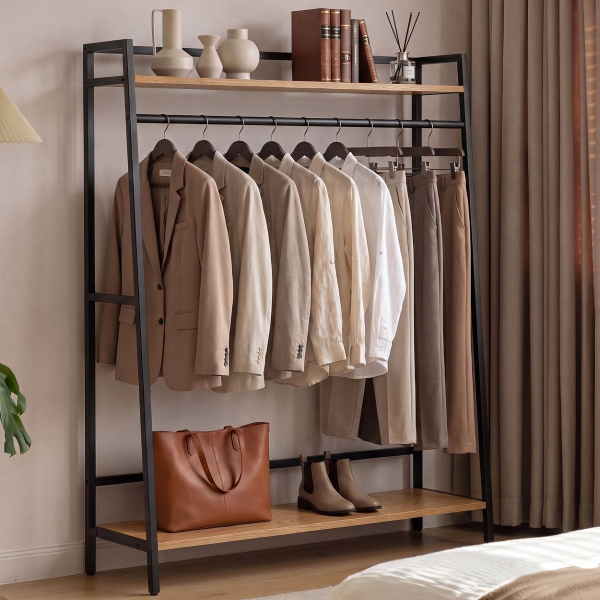 Furnishiaa industrial wood and metal garment rack, Tan clothing rack, main product view