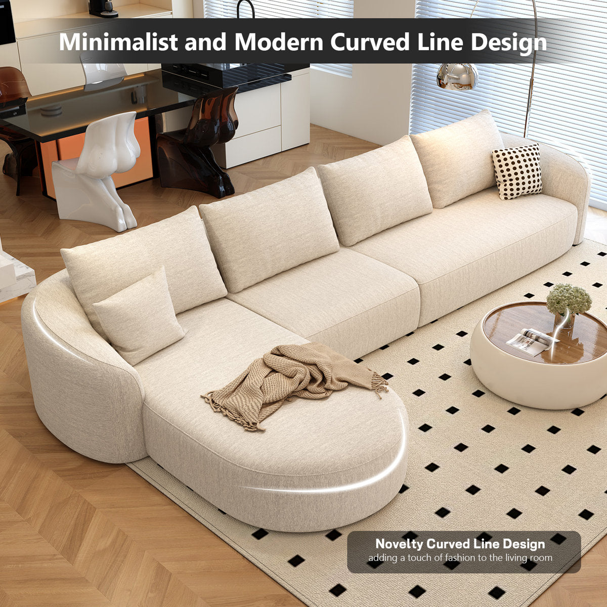 Close-up view of black corduroy upholstery on a modular sectional sofa