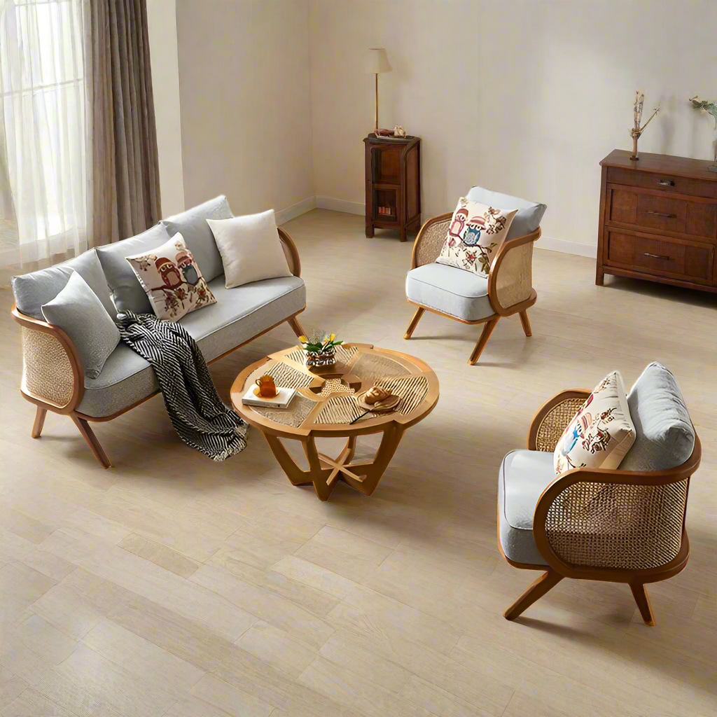 Furnishiaa Natural Rattan Weaving Sofa Set – 3-Seater Sofa, 2 Chairs, Table