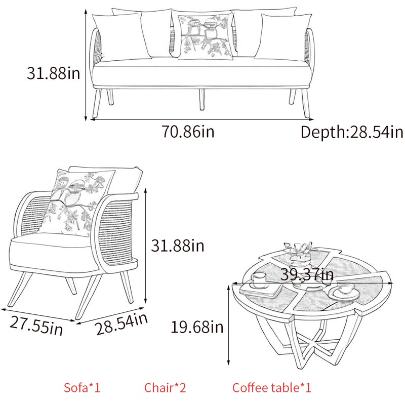 Furnishiaa Natural Rattan Weaving Sofa Set – 3-Seater Sofa, 2 Chairs, Table