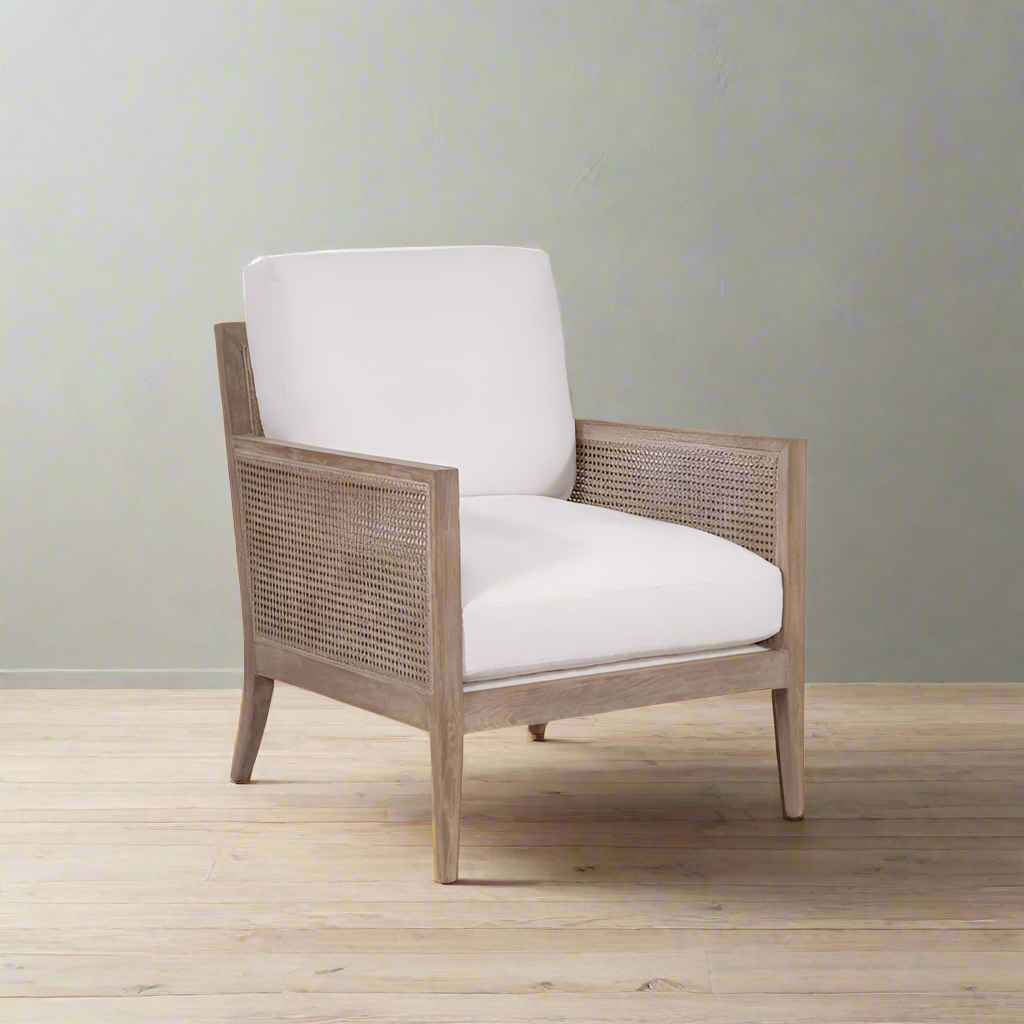 Furnishiaa Sharo: Luxurious Smooth White Armchair with Natural Cane Wicker Accents