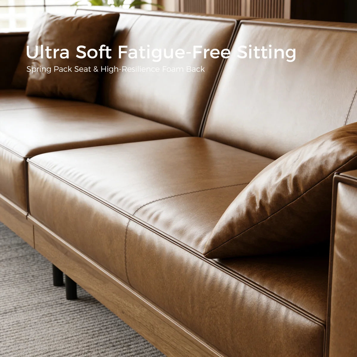 Furnishiaa Modern Brown Faux Leather 4-Seater Sofa with Wooden Accents
