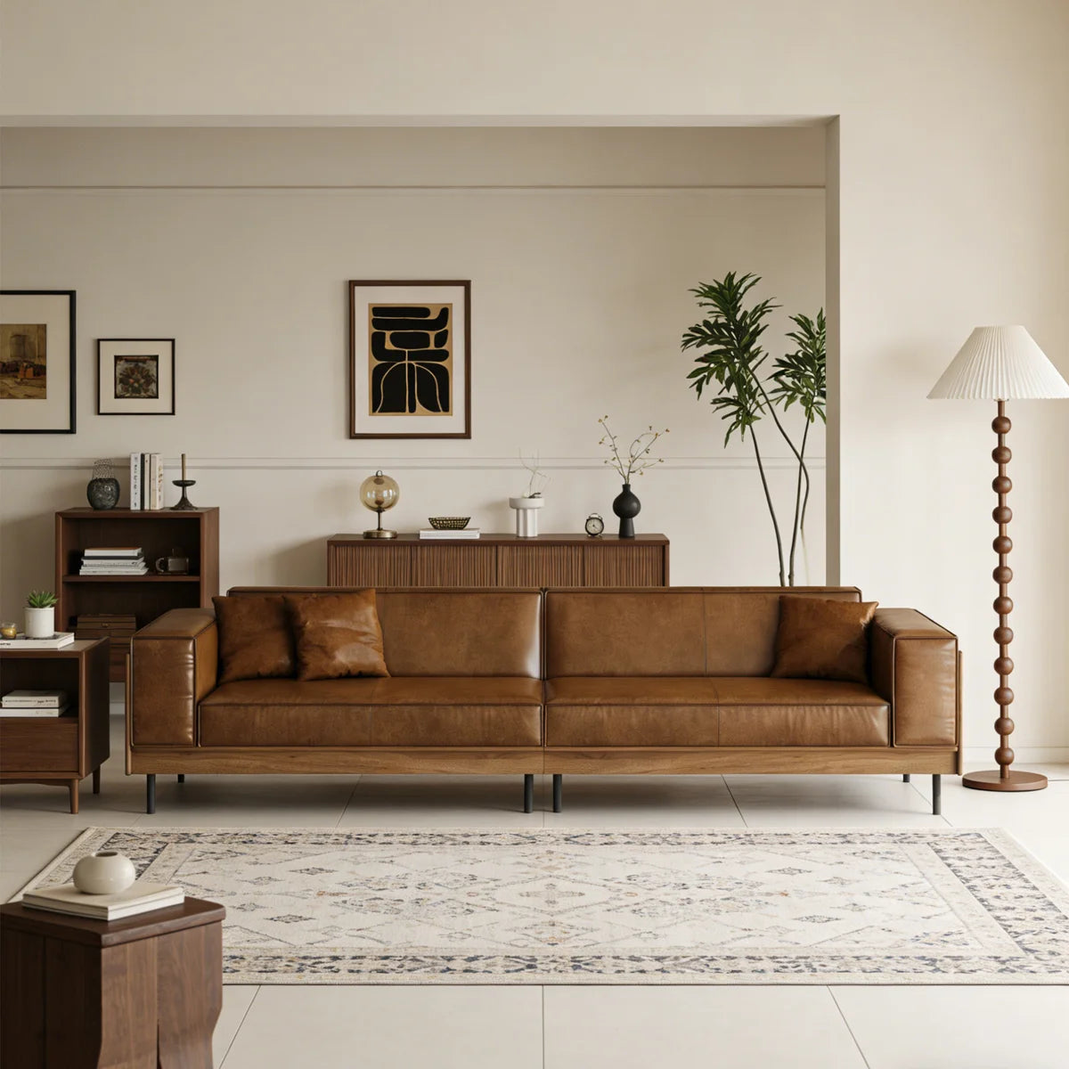 Furnishiaa Modern Brown Faux Leather 4-Seater Sofa with Wooden Accents